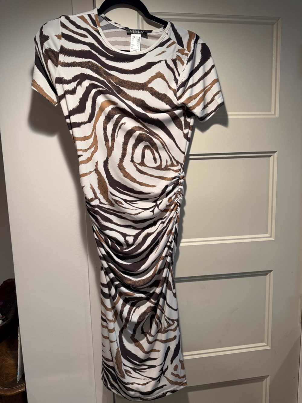VENUS White Zebra-Print Midi Dress with Brown Accents